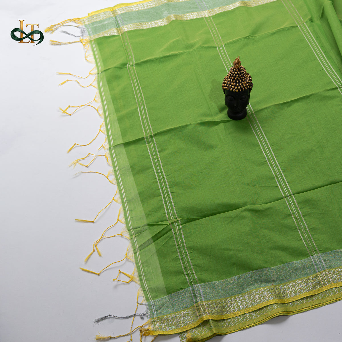 Handloom Silk Cotton Saree - Parrot Green with Silver Zari & Gold Border