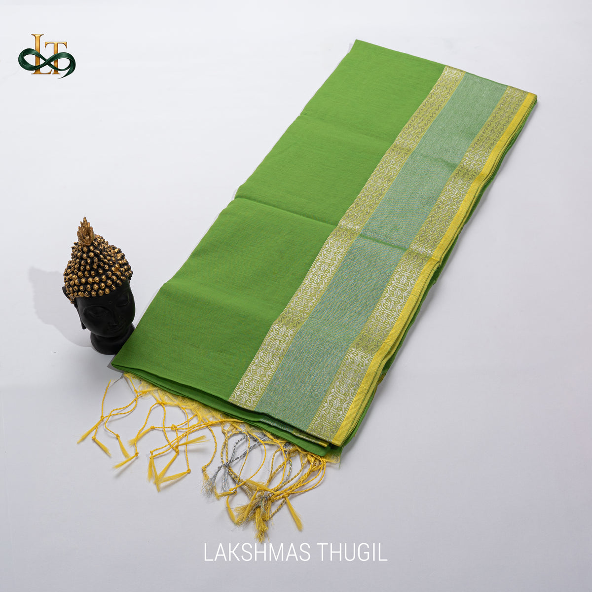 Handloom Silk Cotton Saree - Parrot Green with Silver Zari & Gold Border
