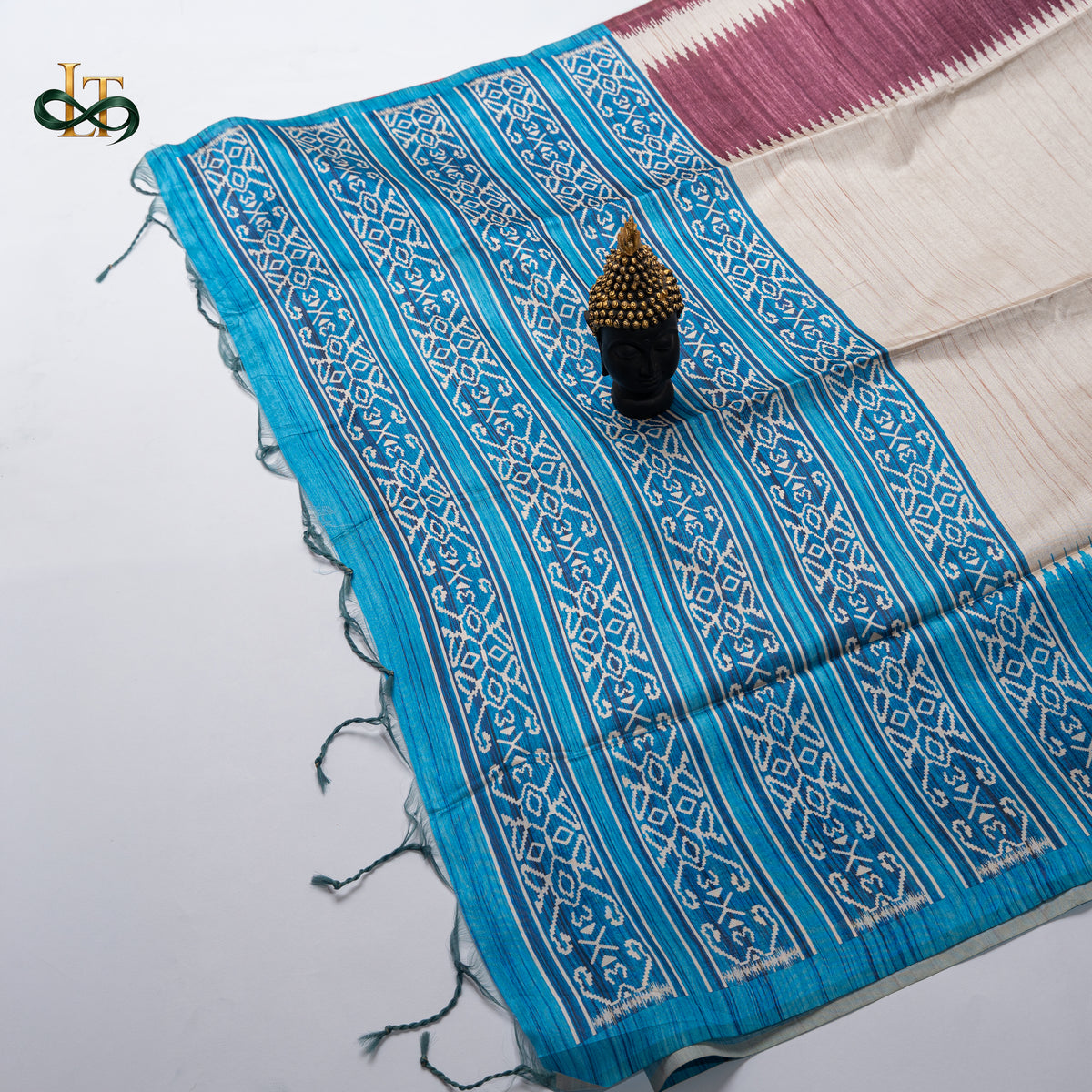 Tussar Silk - Ivory Saree with Turquoise Blue & Wine Ganga Jamuna Border
