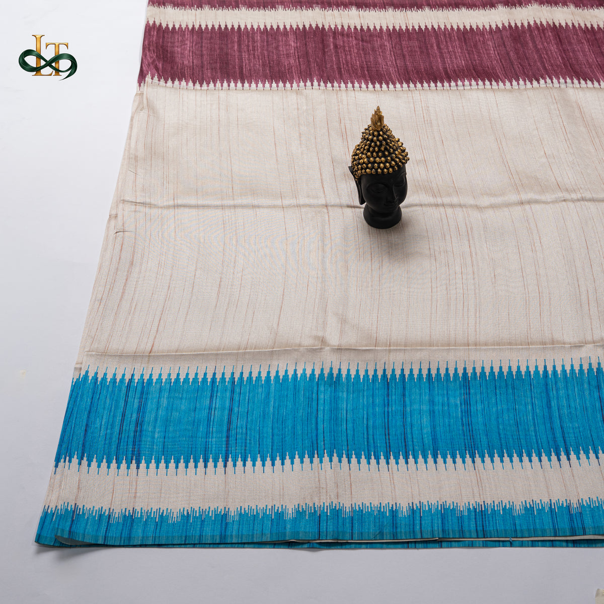 Tussar Silk - Ivory Saree with Turquoise Blue & Wine Ganga Jamuna Border