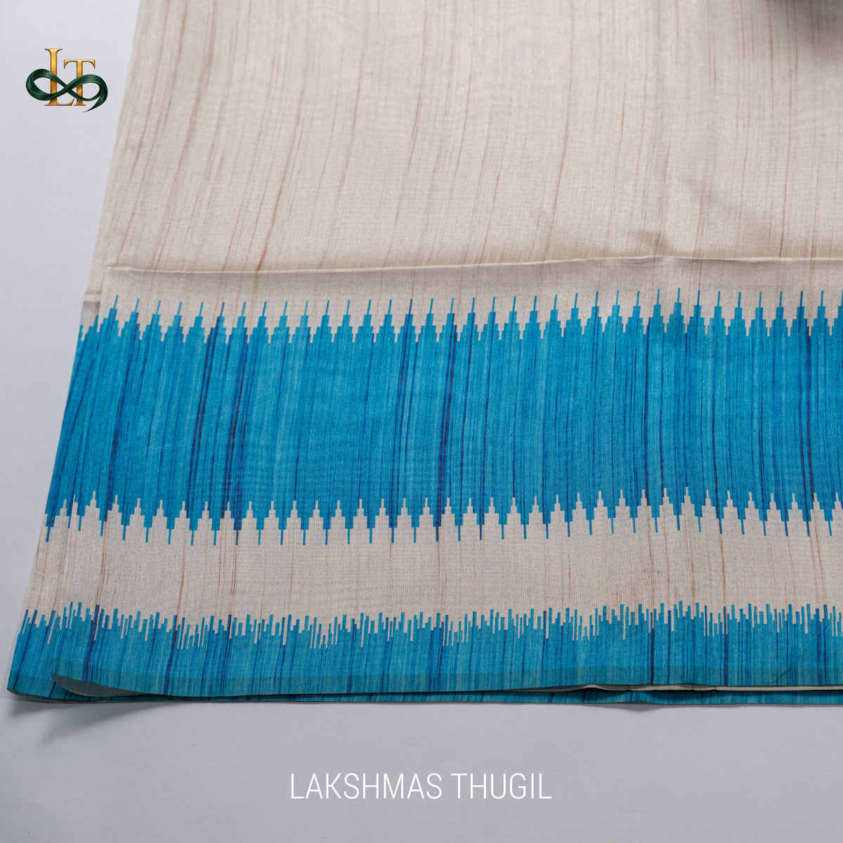 Tussar Silk - Ivory Saree with Turquoise Blue & Wine Ganga Jamuna Border
