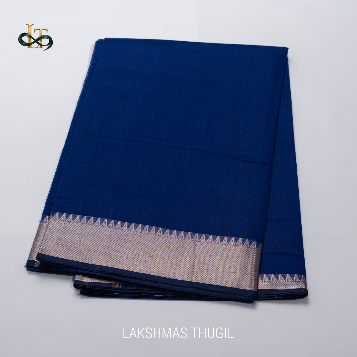 Mangalgiri Cotton Saree – Ink Blue with Golden Zari Temple border