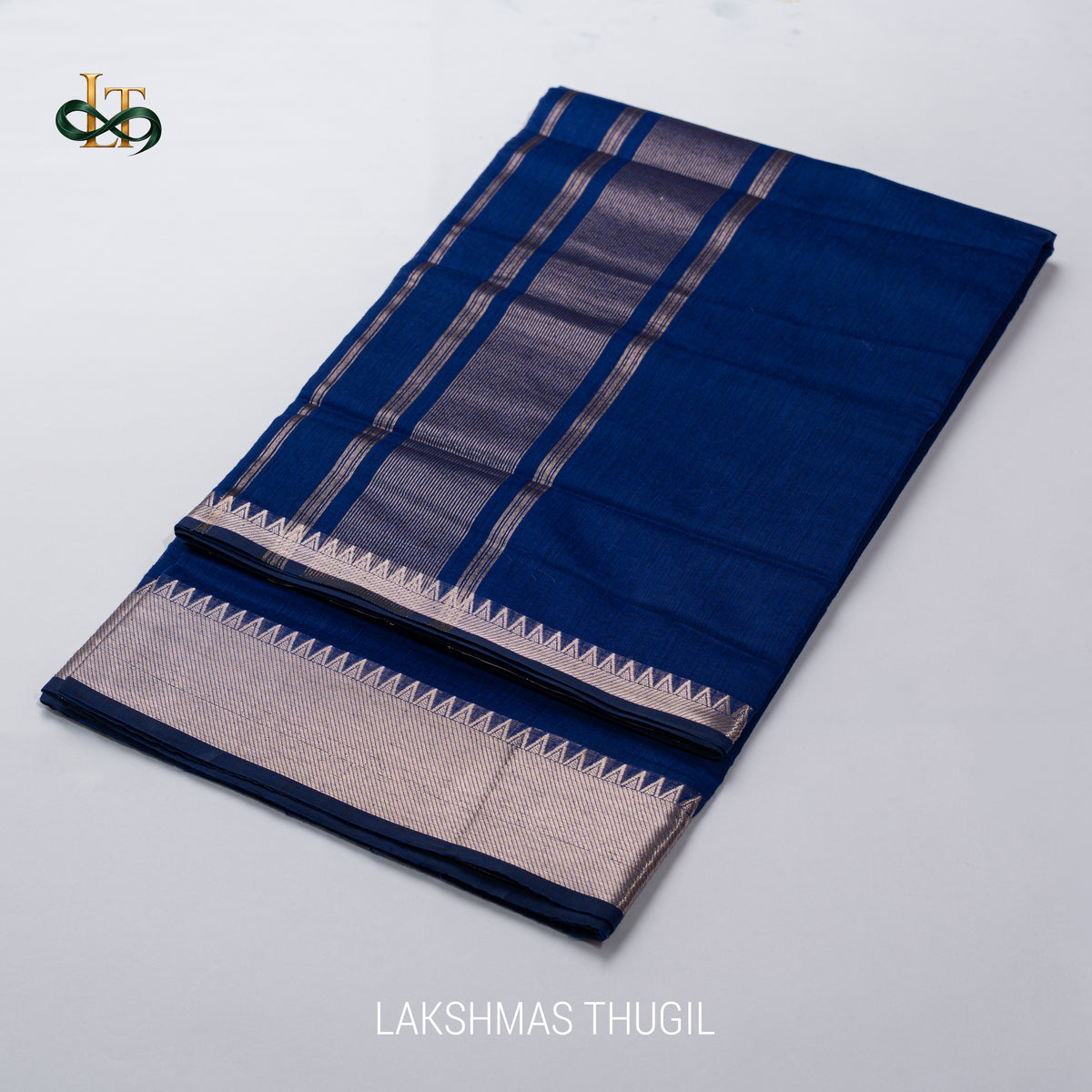 Mangalgiri Cotton Saree – Ink Blue with Golden Zari Temple border