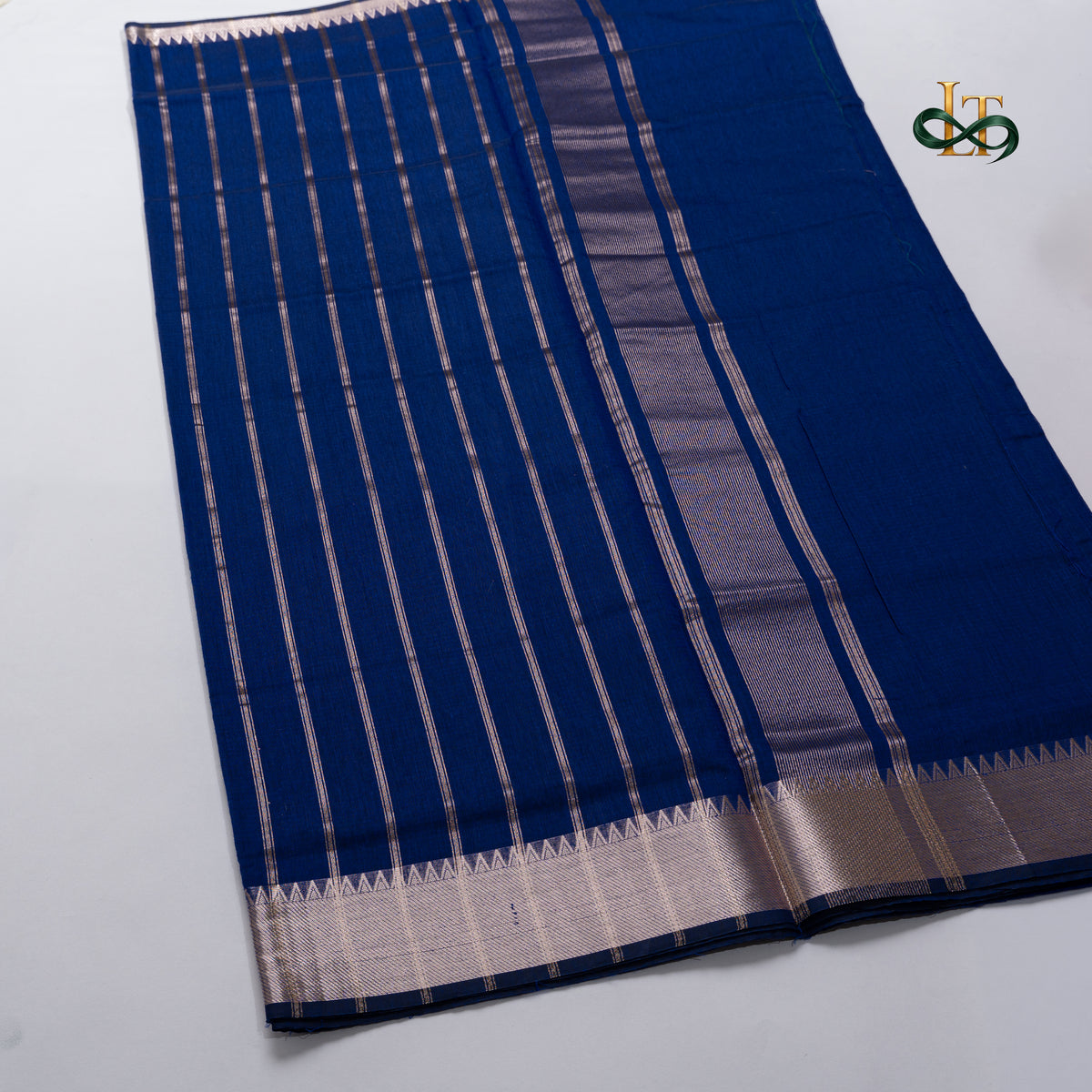 Mangalgiri Cotton Saree – Ink Blue with Golden Zari Temple border