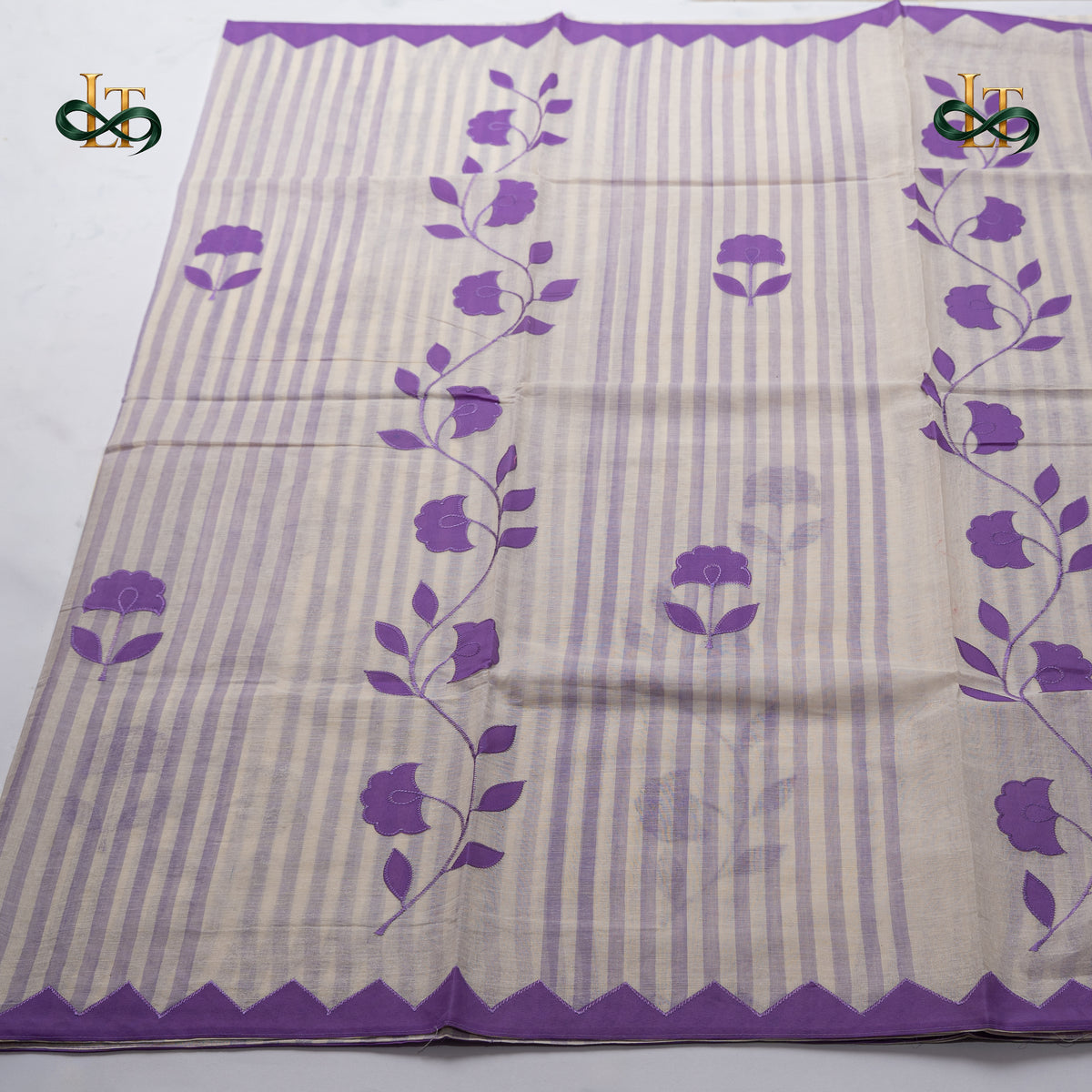 Applique Cotton Saree - Lavender Striped with Purple Floral