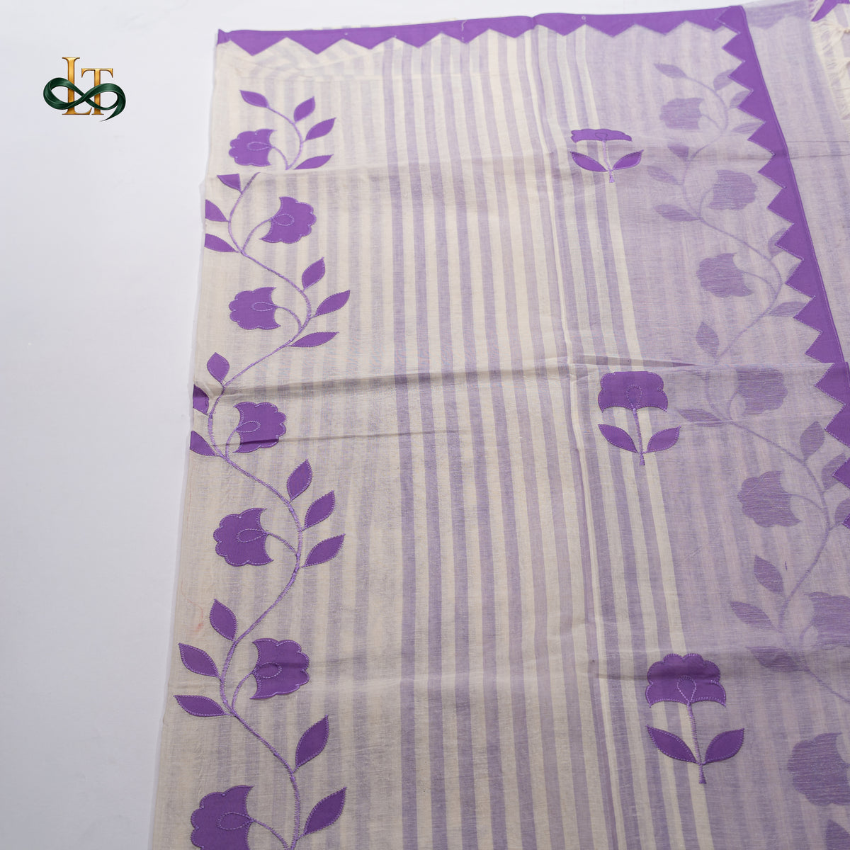 Applique Cotton Saree - Lavender Striped with Purple Floral