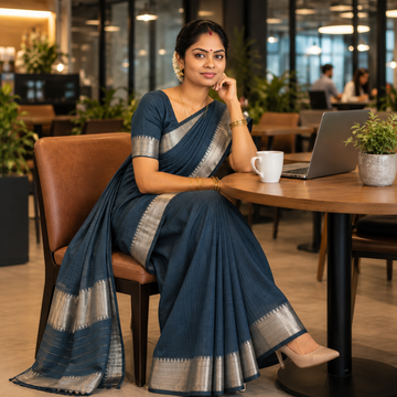 Mangalgiri Cotton Saree –  Deep Navy Blue with Golden Zari Temple border