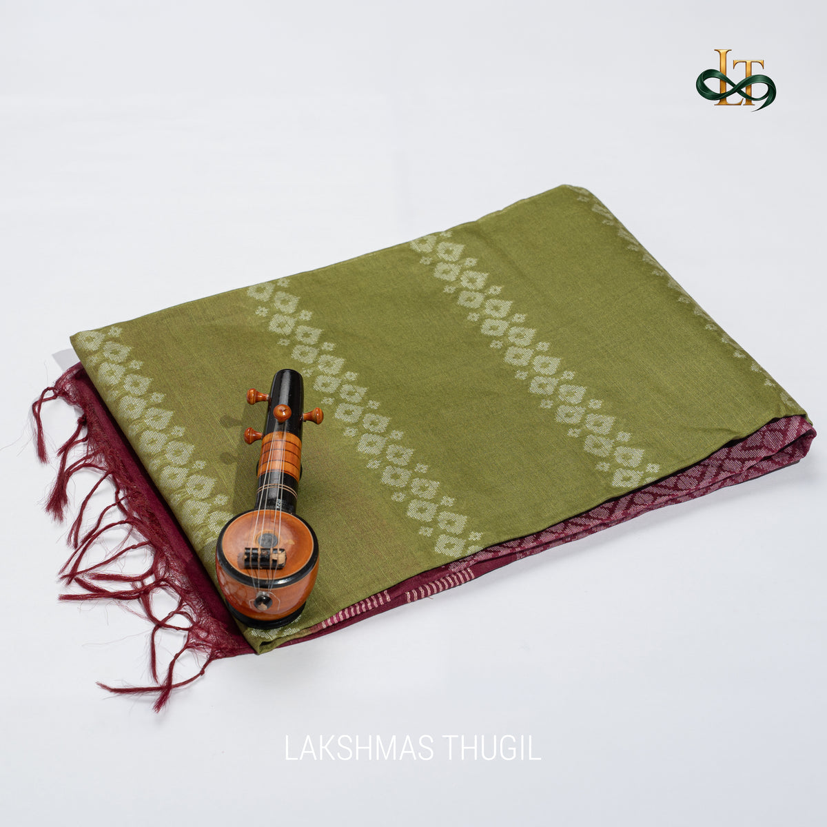 Soft Silk Saree - Olive Green with Deep Plum