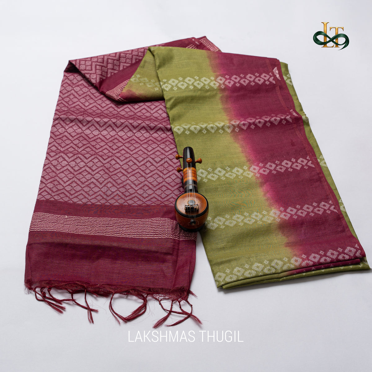Soft Silk Saree - Olive Green with Deep Plum