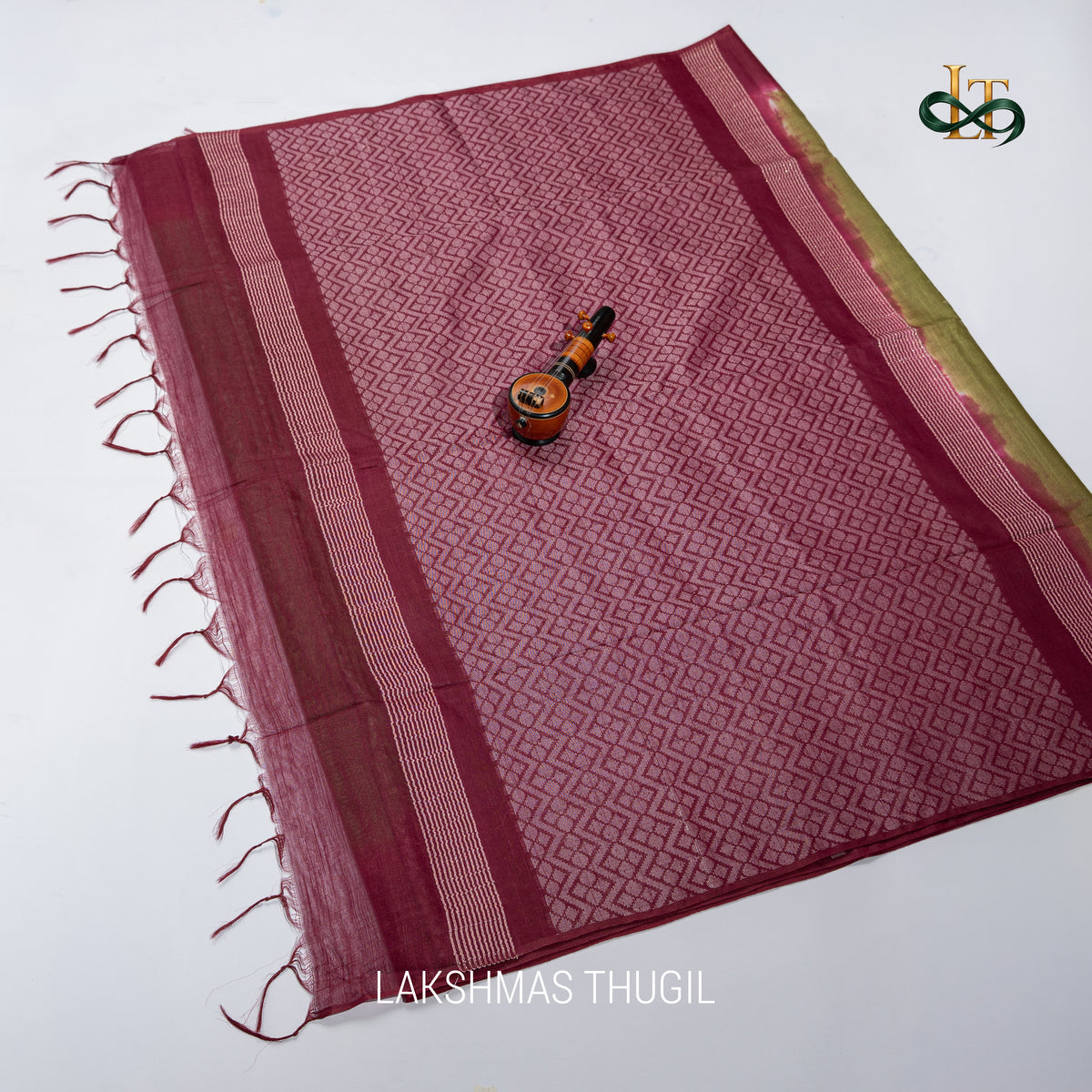 Soft Silk Saree - Olive Green with Deep Plum
