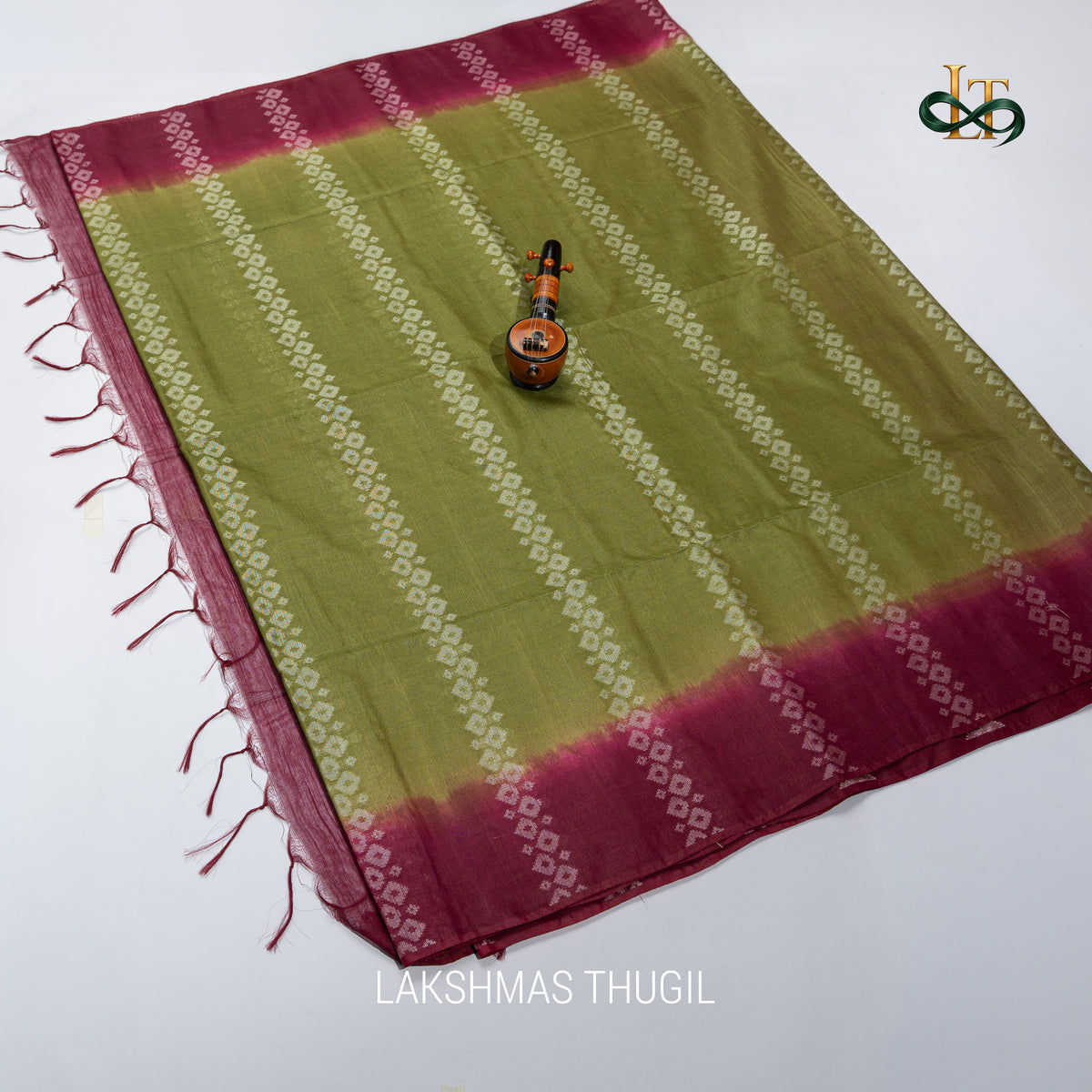 Soft Silk Saree - Olive Green with Deep Plum