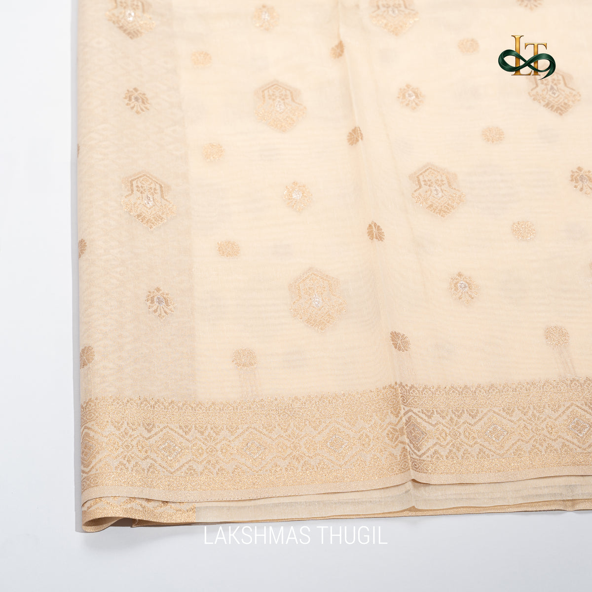 Kota Silk Saree - Ivory with Antique Gold Floral Zari