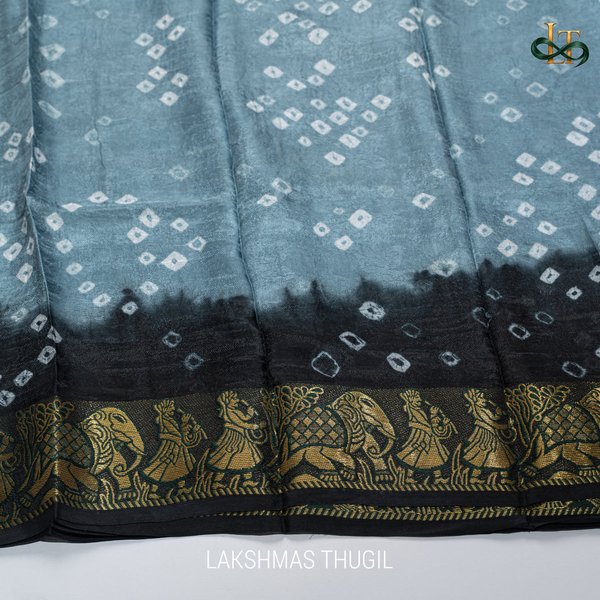 Art Silk Bandhani Saree - Dusty Blue & Charcoal Black with Antique Gold