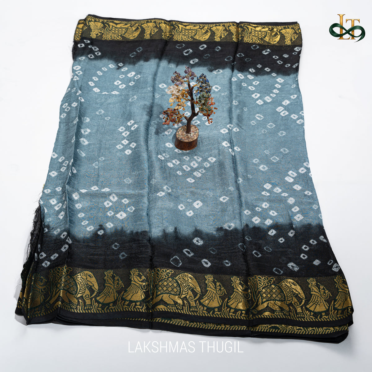 Art Silk Bandhani Saree - Dusty Blue & Charcoal Black with Antique Gold