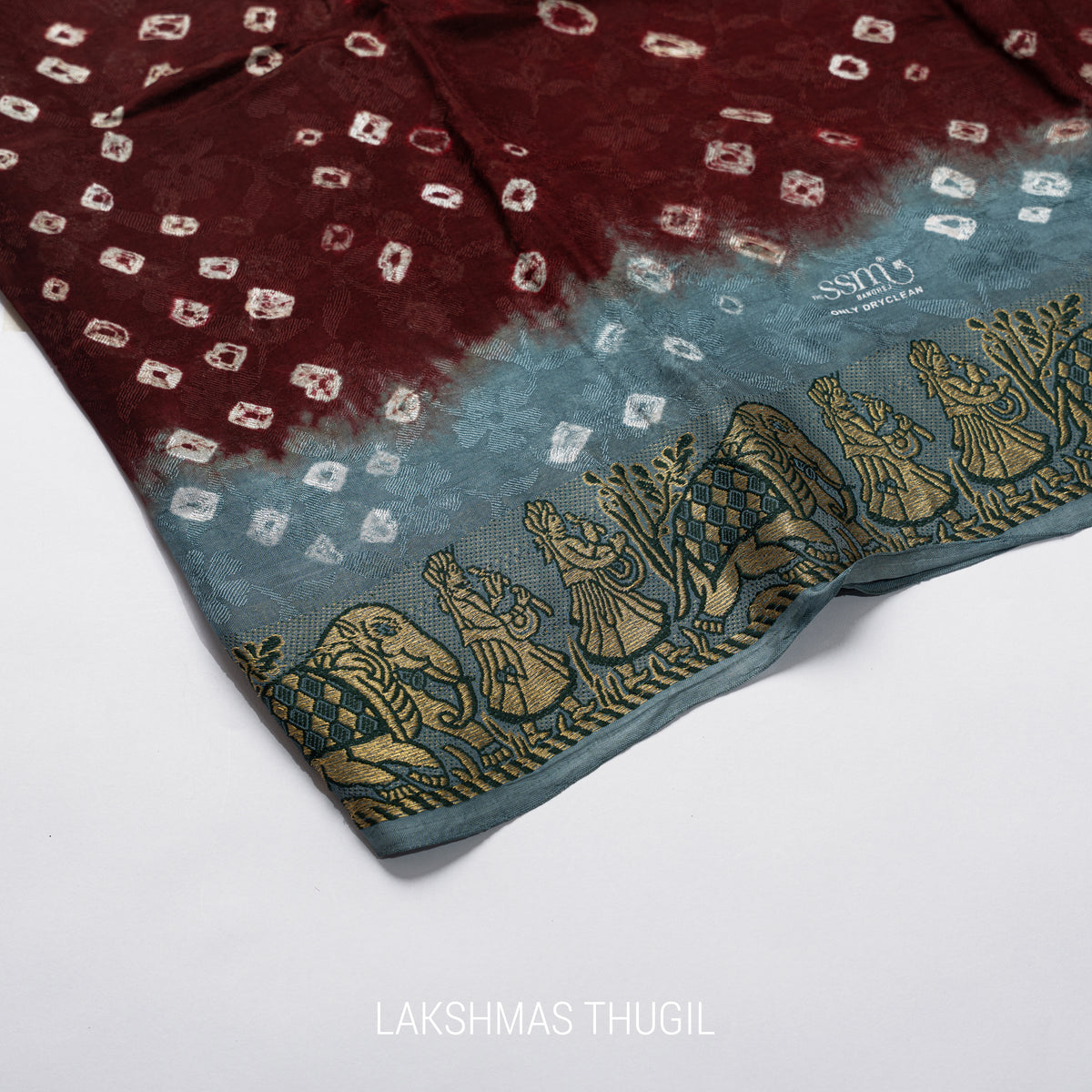 Art Silk Bandhani Saree - Wine Burgundy with Dusty Steel Blue & Antique Gold