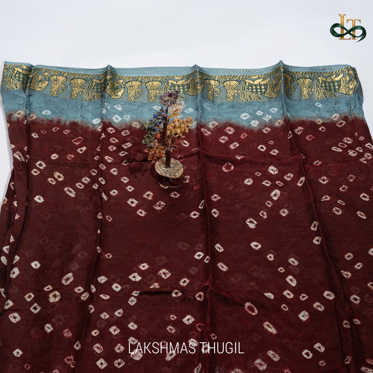 Art Silk Bandhani Saree - Wine Burgundy with Dusty Steel Blue & Antique Gold