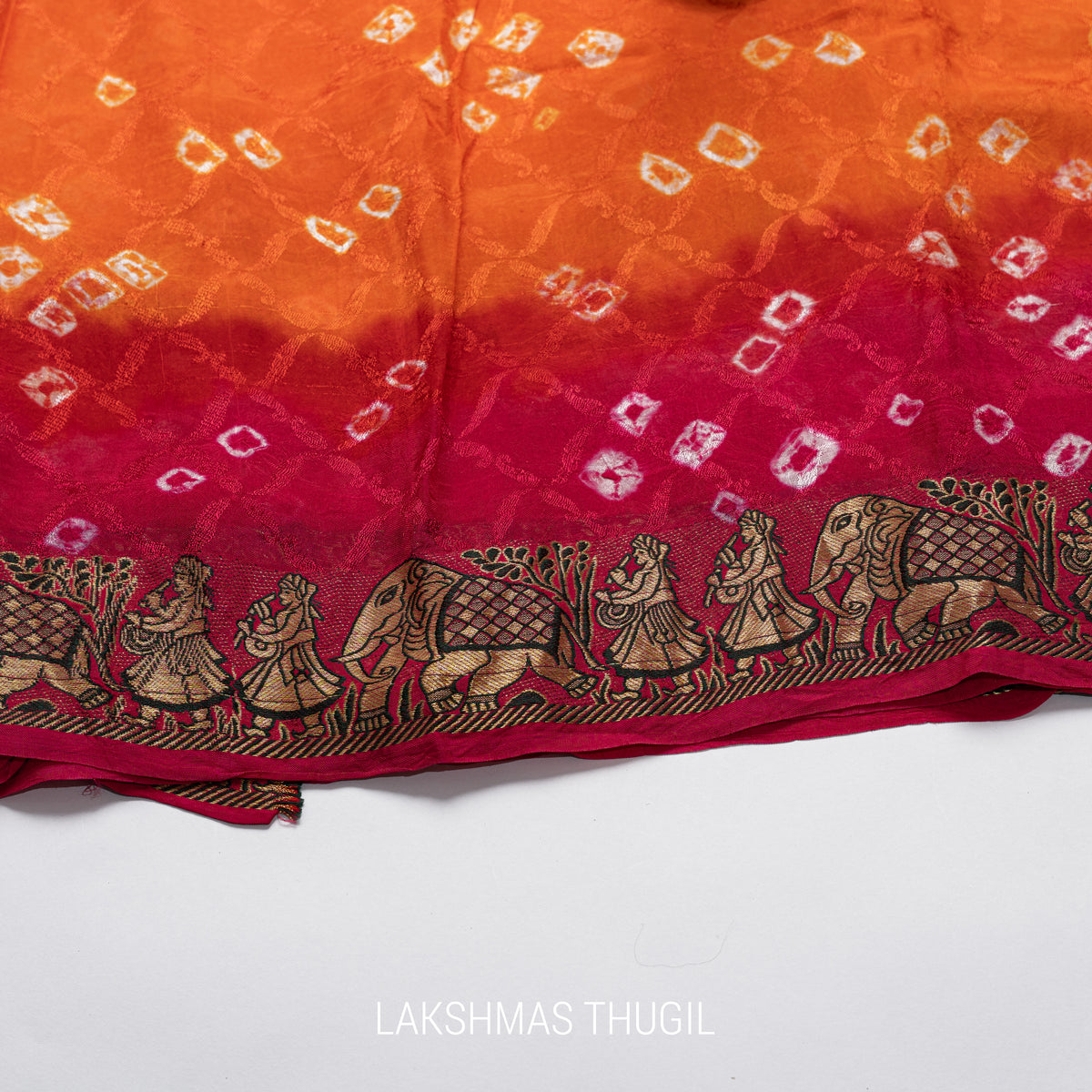 Art Silk Bandhani Saree - Orange & Rani Pink with Elephant & Dancer Border