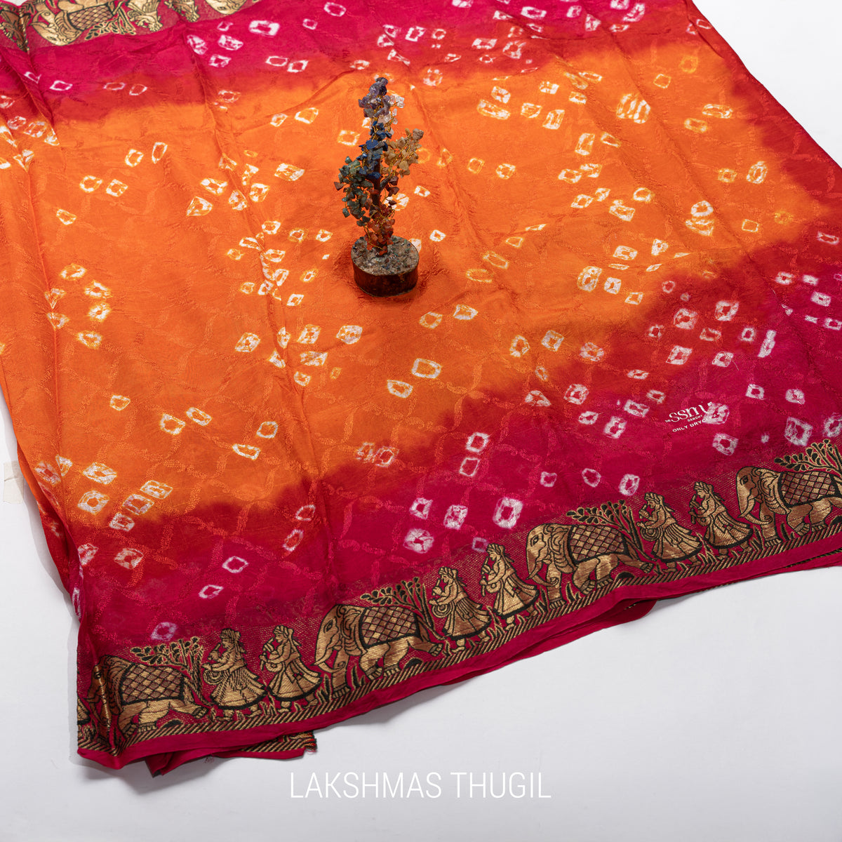 Art Silk Bandhani Saree - Orange & Rani Pink with Elephant & Dancer Border