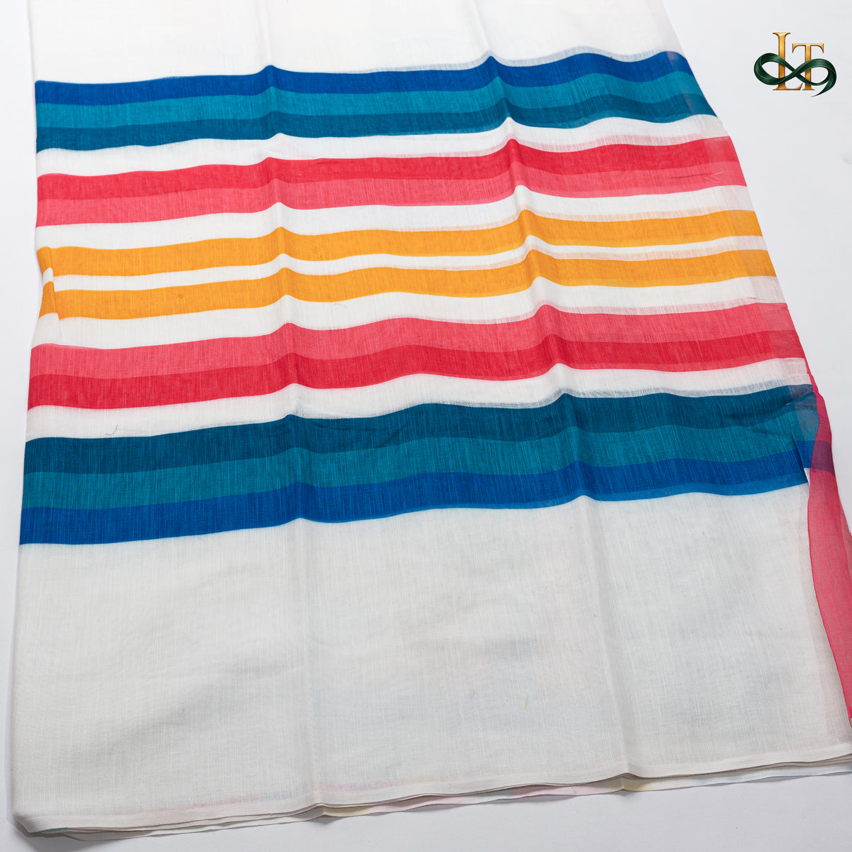 Linen Cotton Saree - Rainbow Stripes Multicolour Handloom-Inspired Drapе