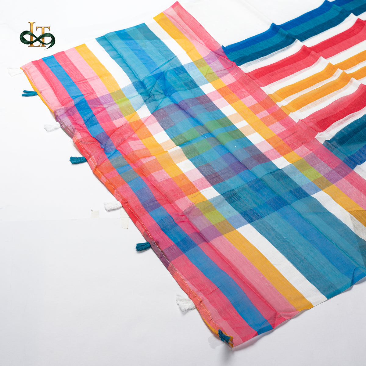 Linen Cotton Saree - Rainbow Stripes Multicolour Handloom-Inspired Drapе