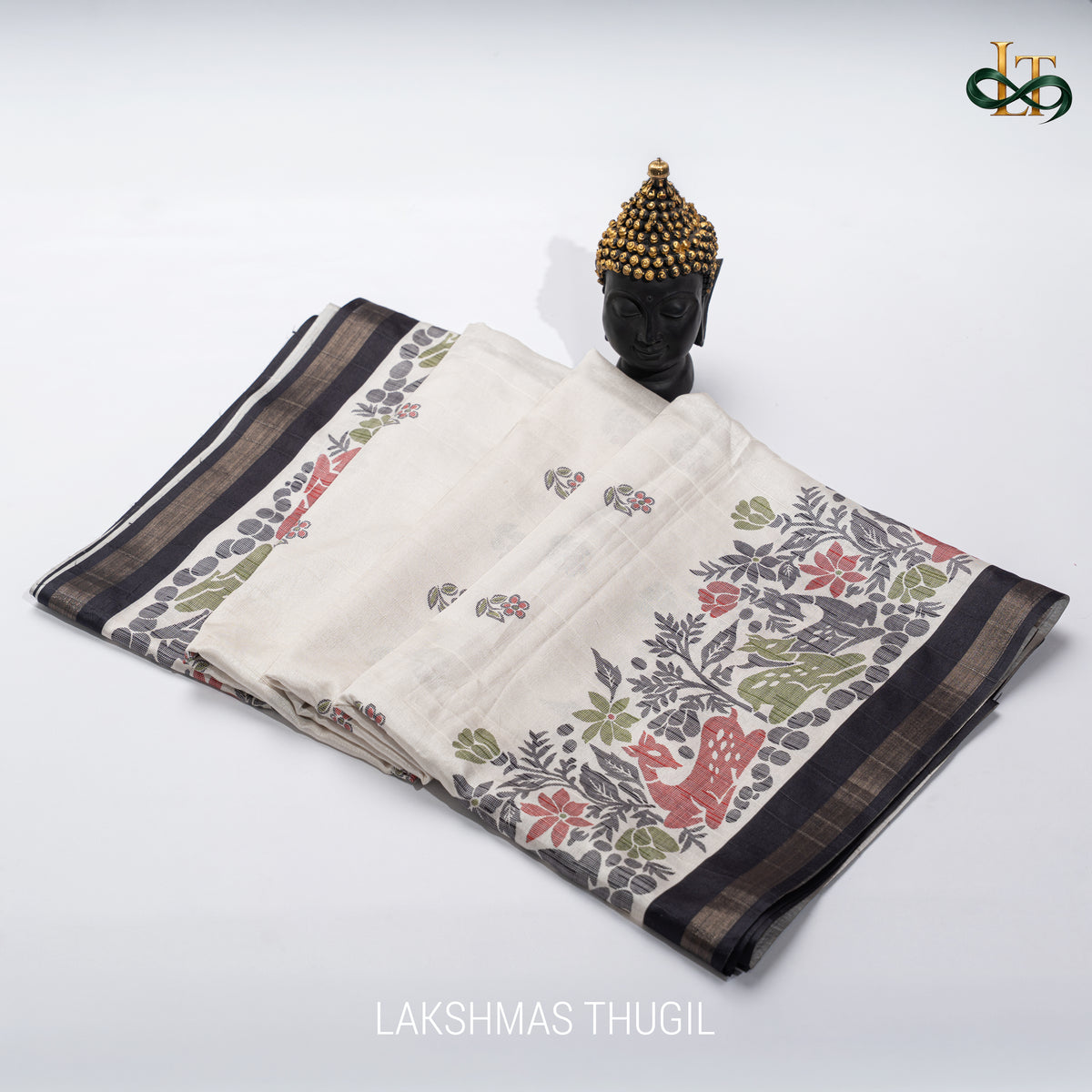 Handloom Soft Saree - Ivory with Multicolour Floral Border