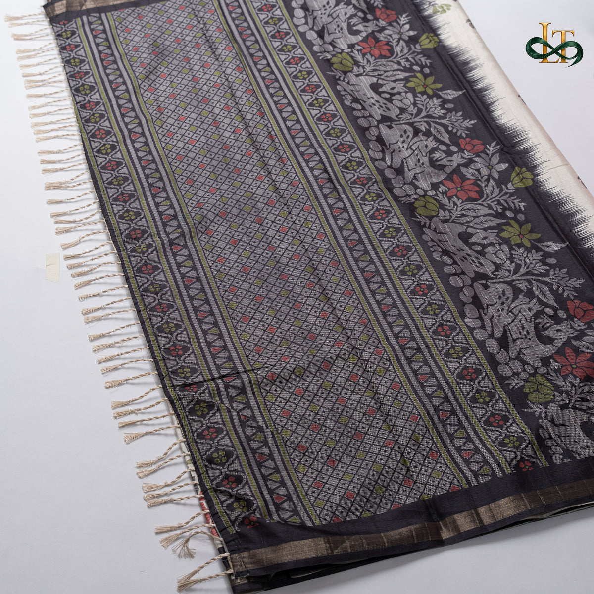 Handloom Soft Saree - Ivory with Multicolour Floral Border