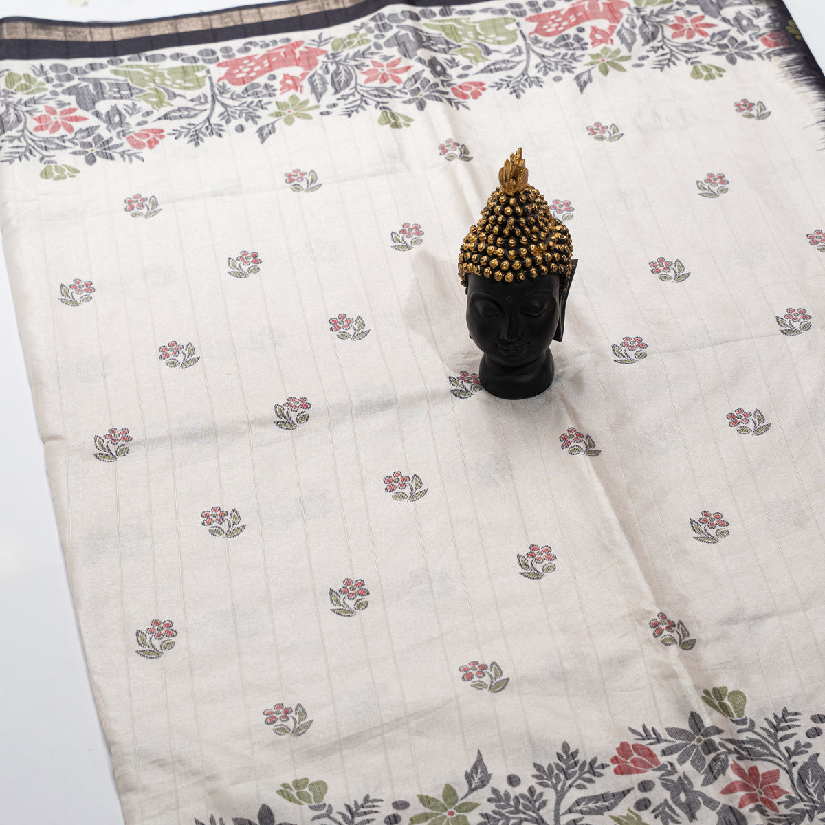 Handloom Soft Saree - Ivory with Multicolour Floral Border