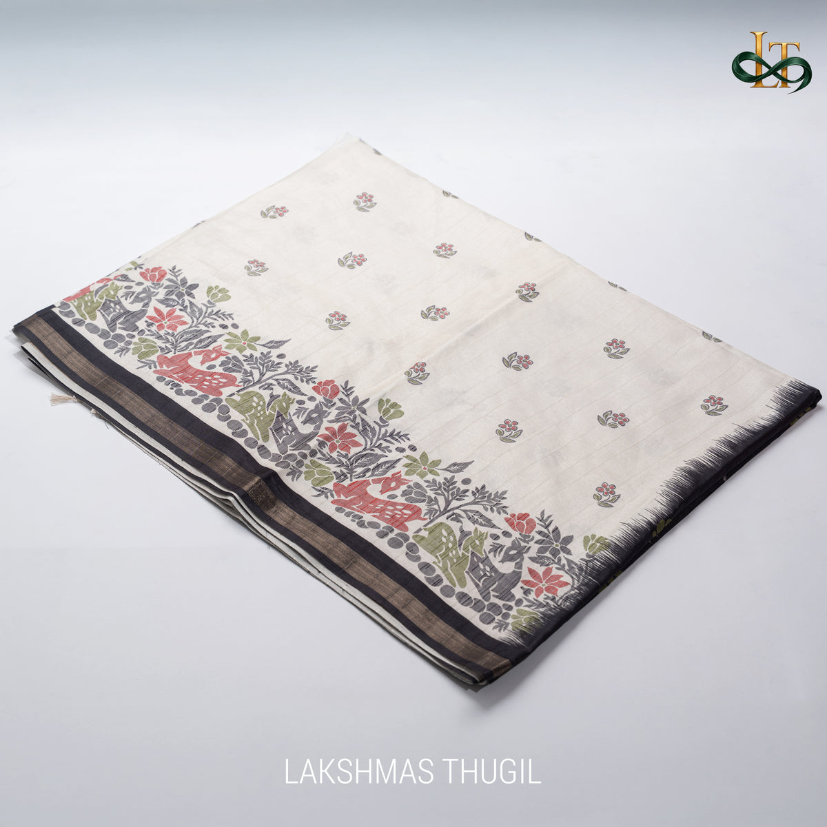 Handloom Soft Saree - Ivory with Multicolour Floral Border
