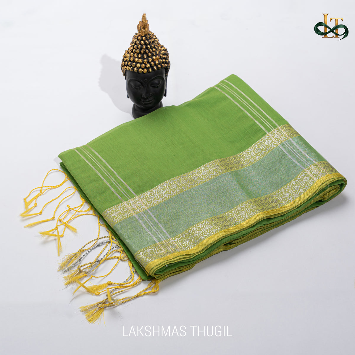 Handloom Silk Cotton Saree - Parrot Green with Silver Zari & Gold Border