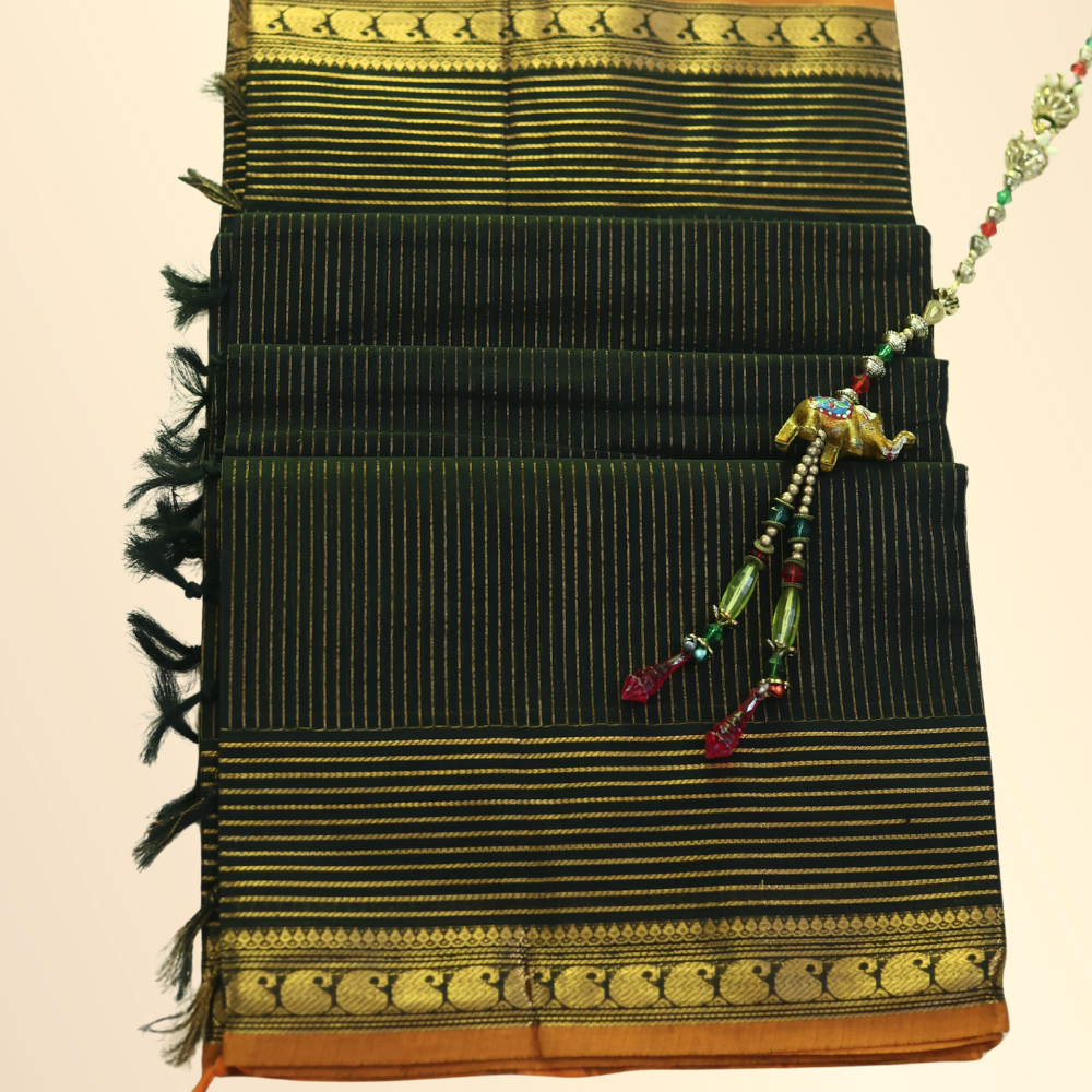 Chettinad Cotton Saree - Black with Rich Golden Zari & Mustard Orange Border