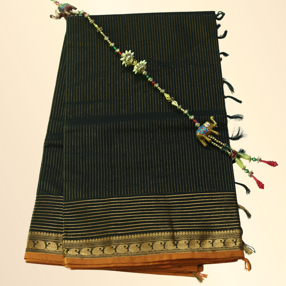 Chettinad Cotton Saree - Black with Rich Golden Zari & Mustard Orange Border
