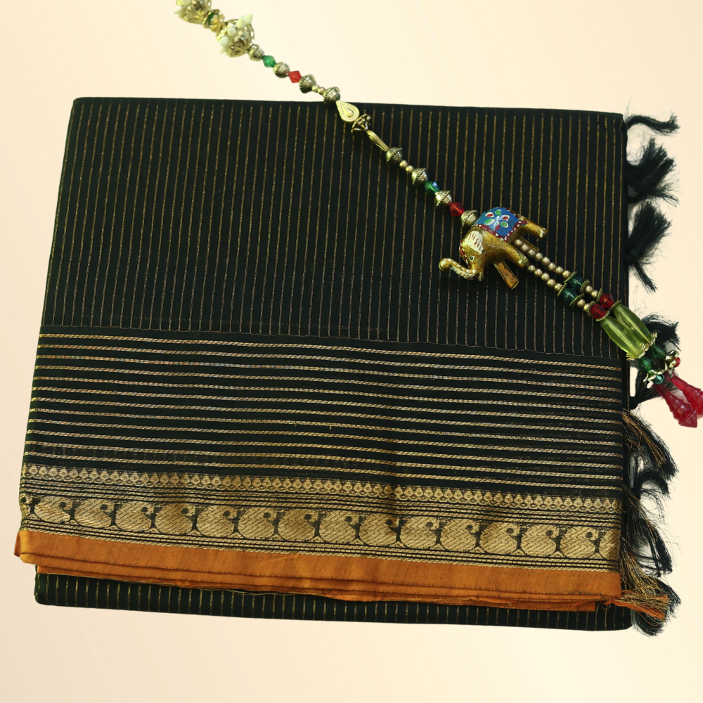 Chettinad Cotton Saree - Black with Rich Golden Zari & Mustard Orange Border