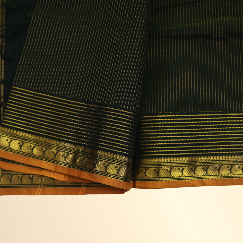 Chettinad Cotton Saree - Black with Rich Golden Zari & Mustard Orange Border