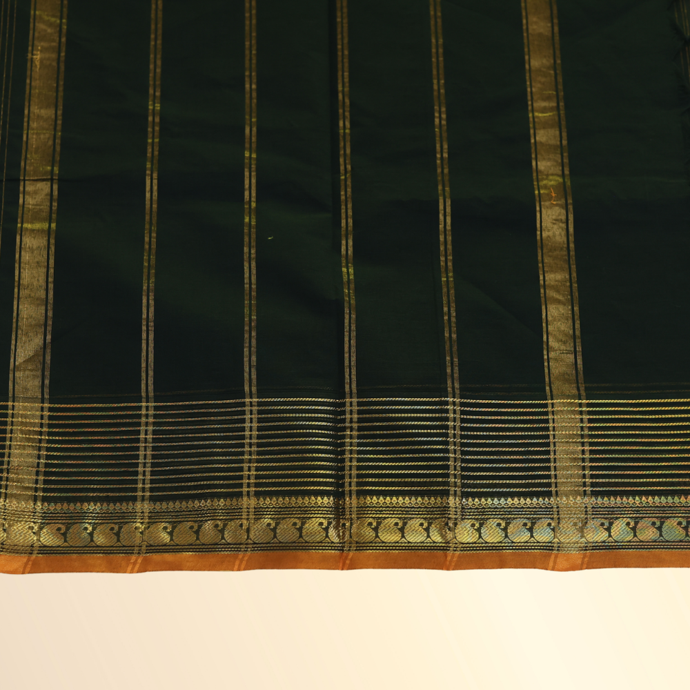 Chettinad Cotton Saree - Black with Rich Golden Zari & Mustard Orange Border
