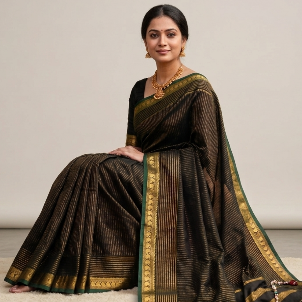 Chettinad Cotton Saree - Black with Rich Golden Zari & Mustard Orange Border