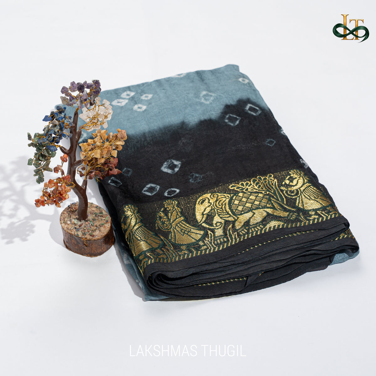 Art Silk Bandhani Saree - Dusty Blue & Charcoal Black with Antique Gold