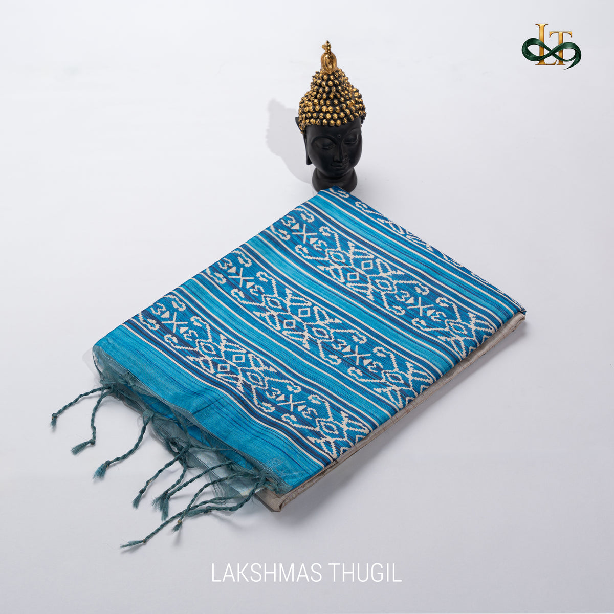 Tussar Silk - Ivory Saree with Turquoise Blue & Wine Ganga Jamuna Border