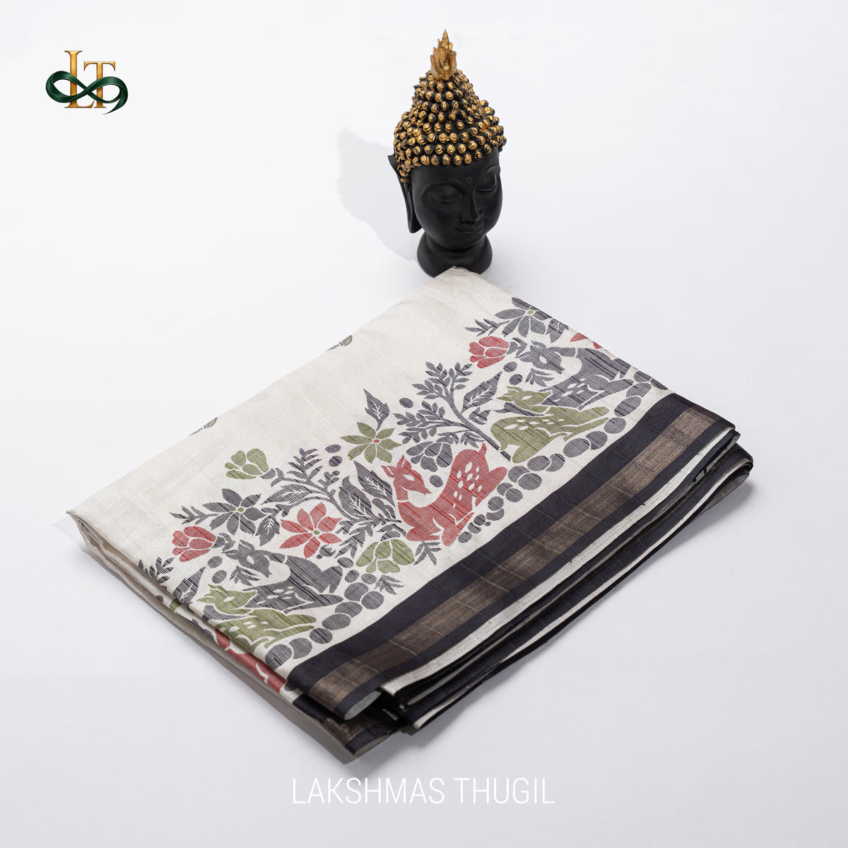 Handloom Soft Saree - Ivory with Multicolour Floral Border