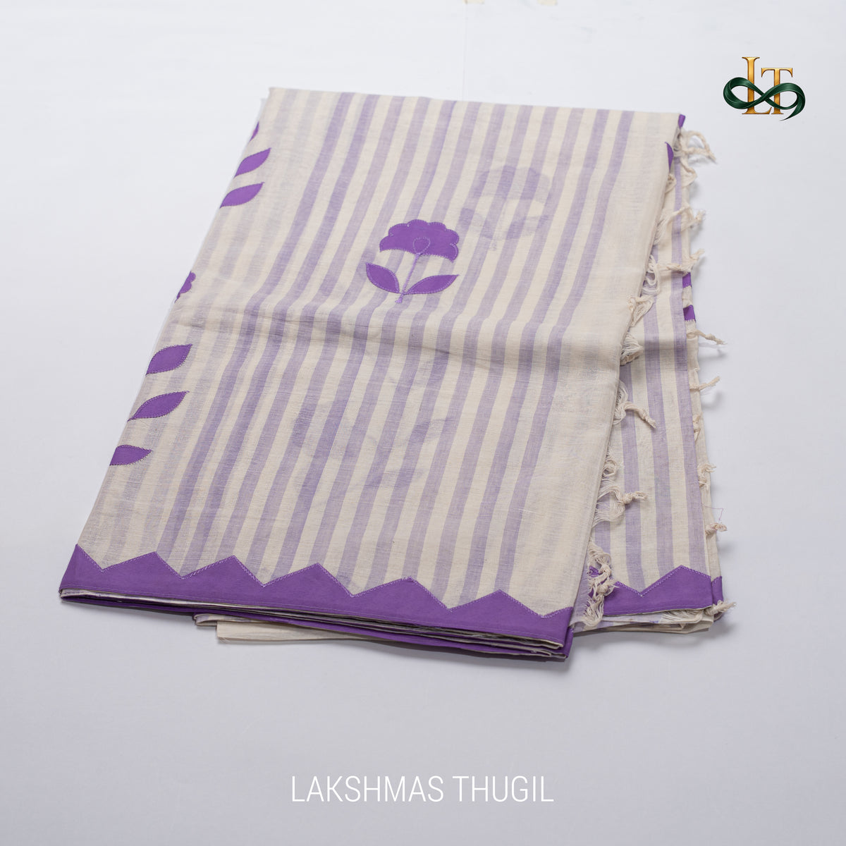 Applique Cotton Saree - Lavender Striped with Purple Floral