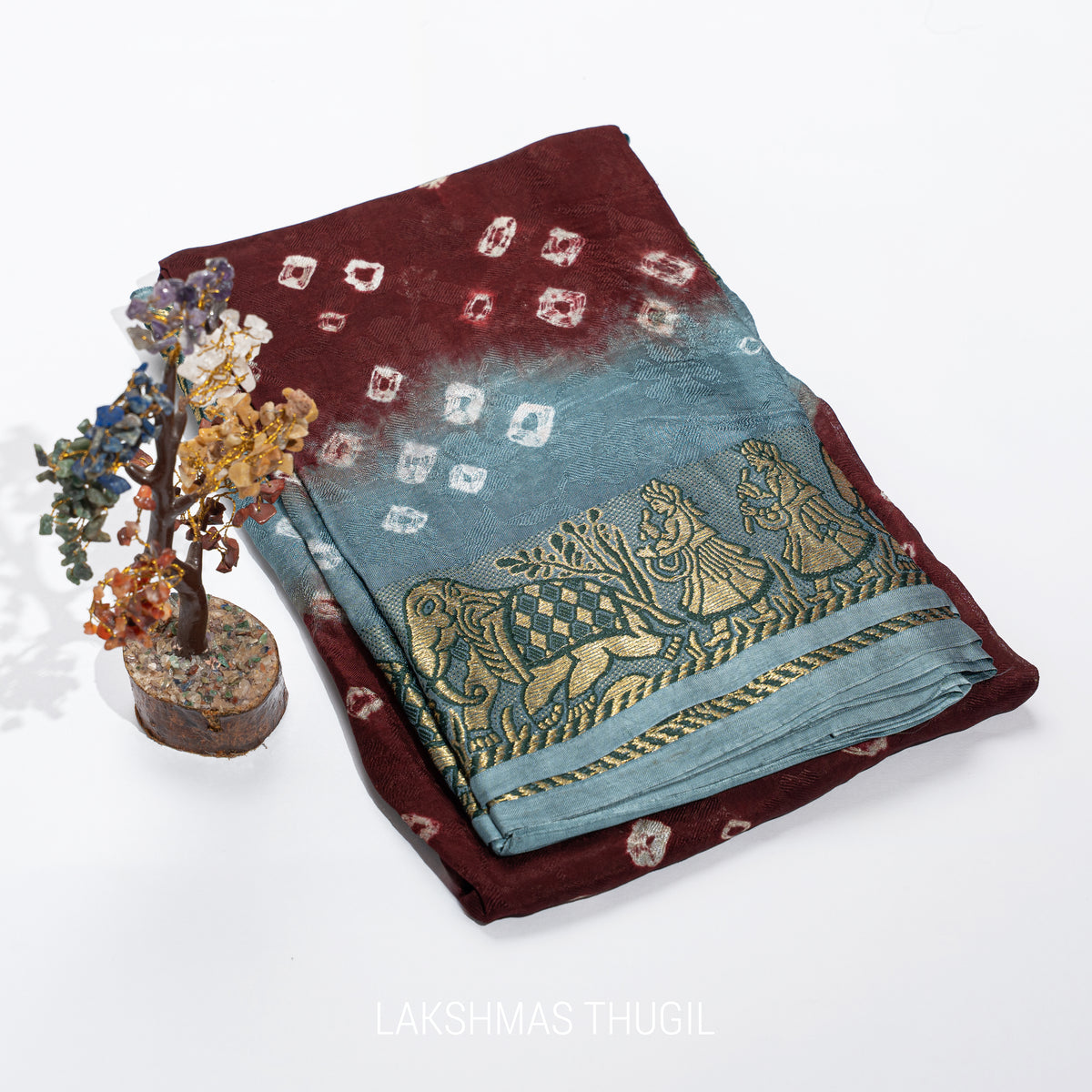 Art Silk Bandhani Saree - Wine Burgundy with Dusty Steel Blue & Antique Gold