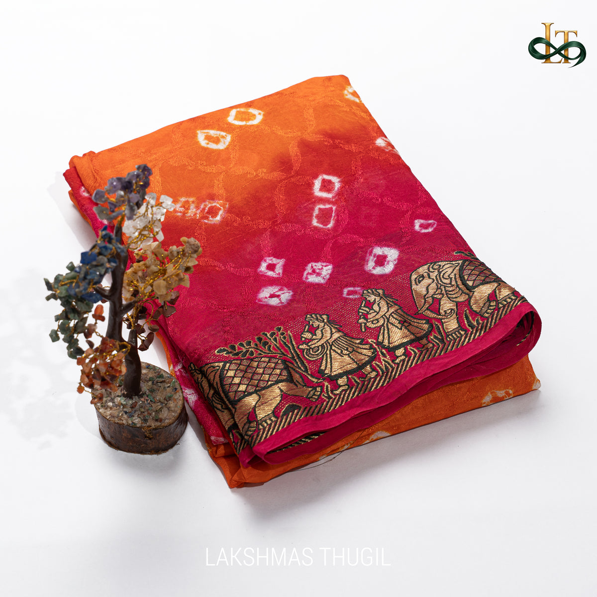 Art Silk Bandhani Saree - Orange & Rani Pink with Elephant & Dancer Border