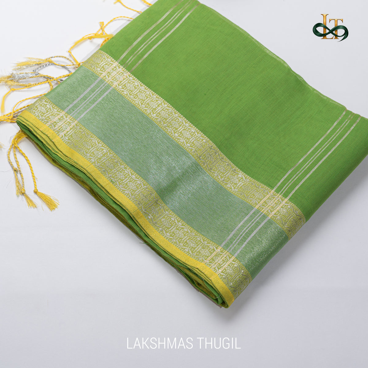 Handloom Silk Cotton Saree - Parrot Green with Silver Zari & Gold Border
