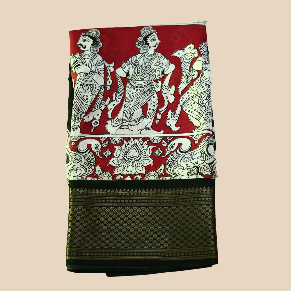 Dola Silk - Kalamkari Pattern - Red & Black Border