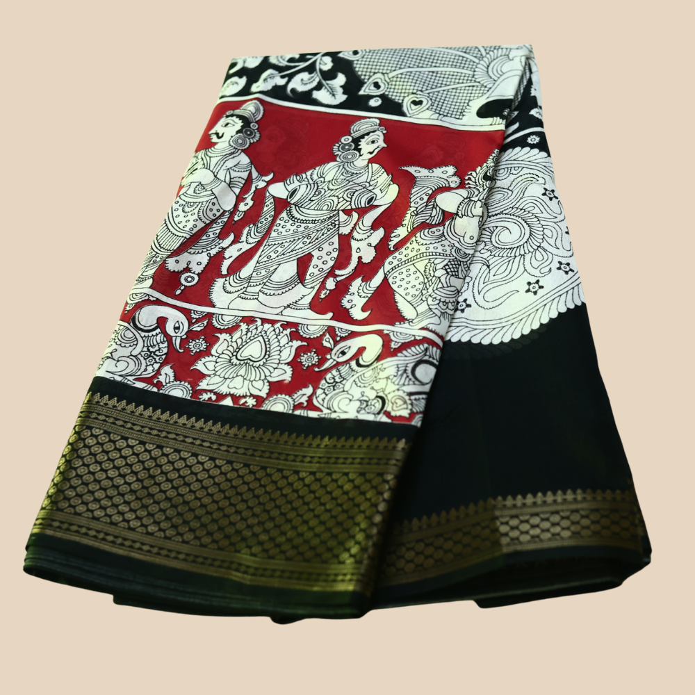 Dola Silk - Kalamkari Pattern - Red & Black Border