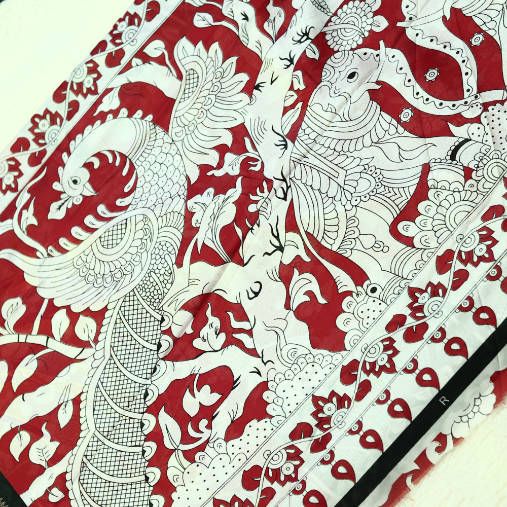 Dola Silk - Kalamkari Pattern - Red & Black Border