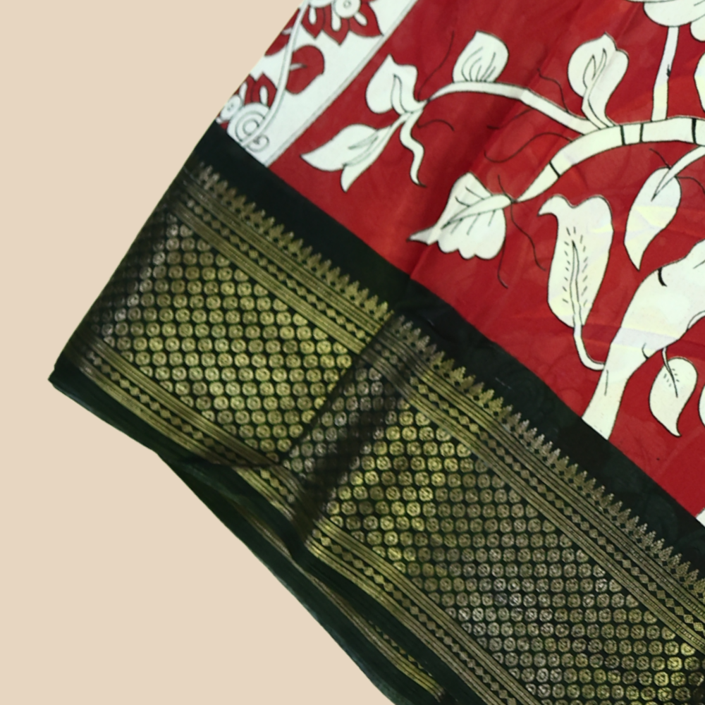 Dola Silk - Kalamkari Pattern - Red & Black Border