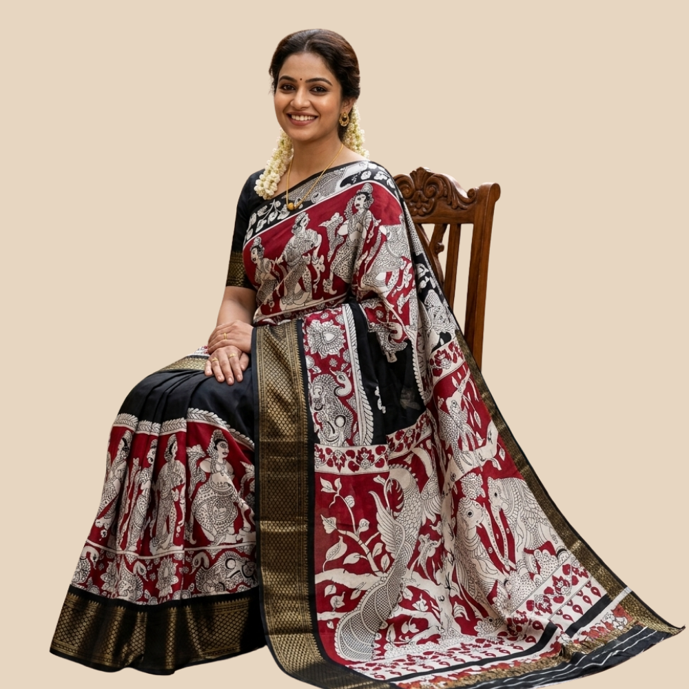 Dola Silk - Kalamkari Pattern - Red & Black Border