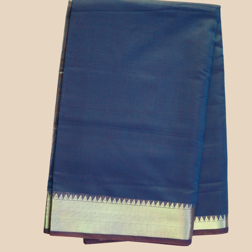 Mangalgiri Cotton Saree –  Deep Navy Blue with Golden Zari Temple border