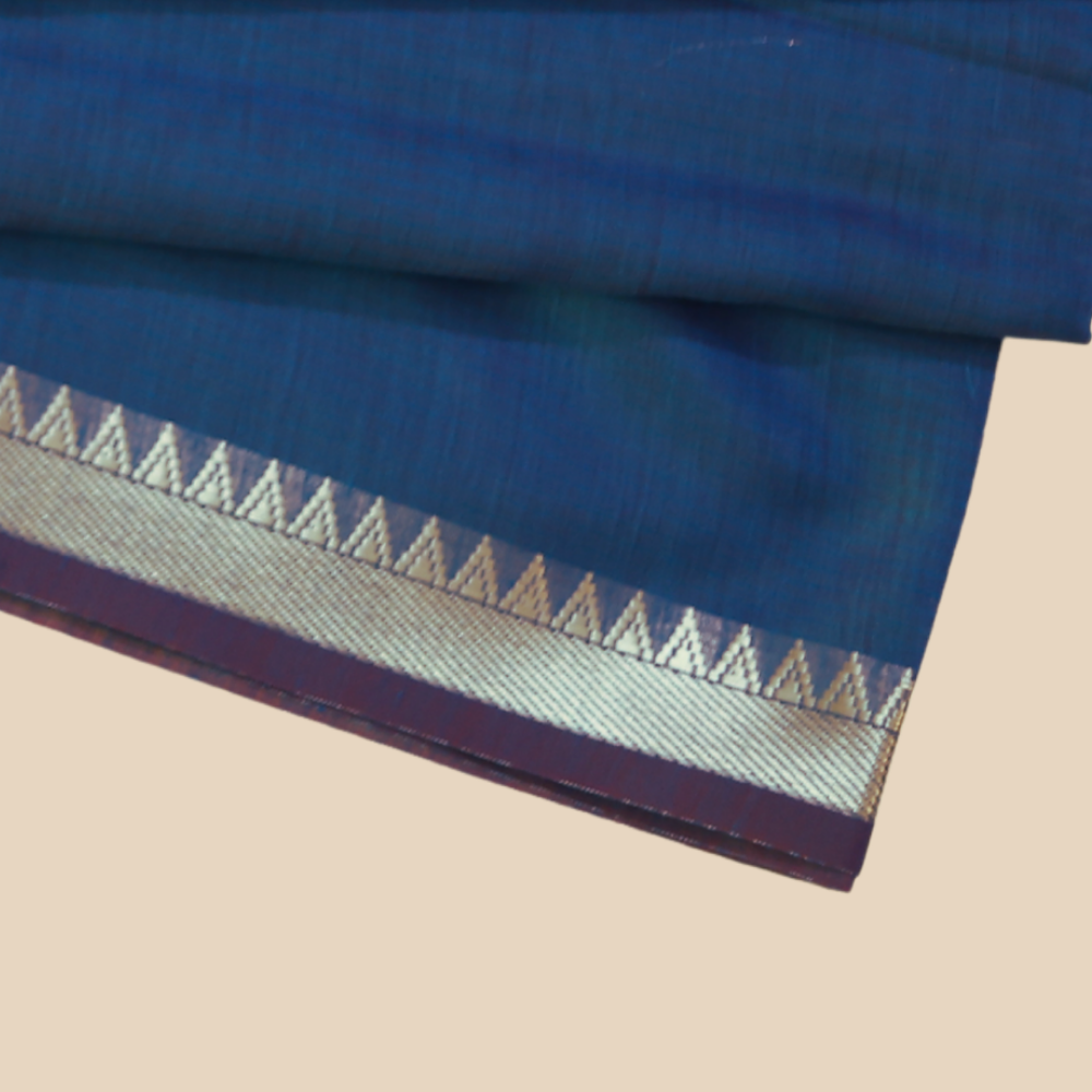 Mangalgiri Cotton Saree –  Deep Navy Blue with Golden Zari Temple border