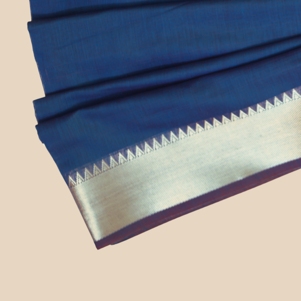 Mangalgiri Cotton Saree –  Deep Navy Blue with Golden Zari Temple border